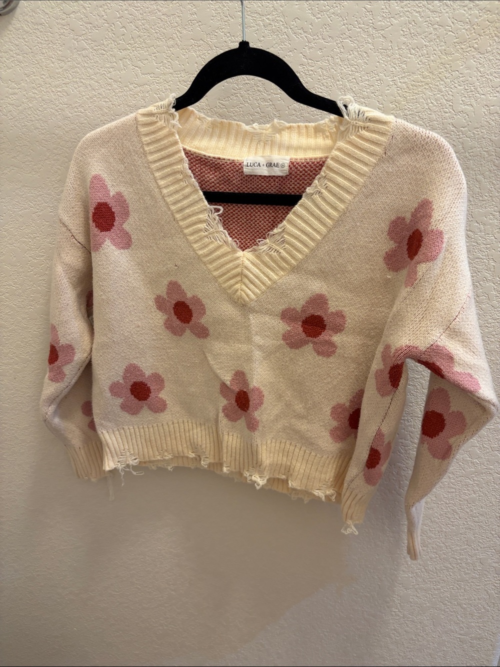 Floral V-Neck Cream and Pink Cropped Sweater